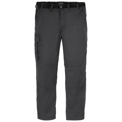 Black cargo pants hang vertically featuring a belt and a side pocket designed for outdoor activities in various environments such as hiking or casual wear.