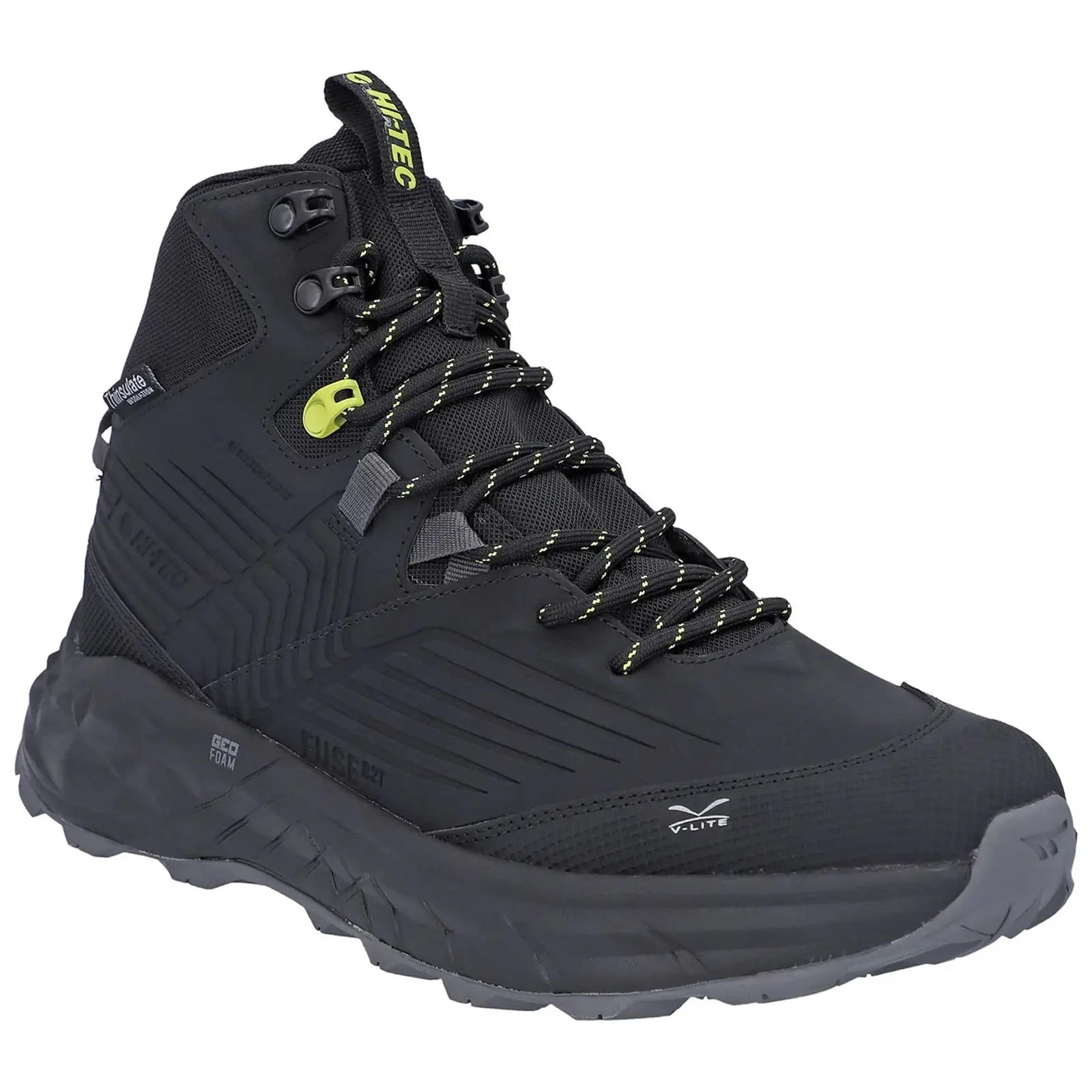 A black high-top boot with a rugged sole and textured design is positioned prominently. Its laces are tightly secured, and there's a contrasting yellow accent. The background is plain.