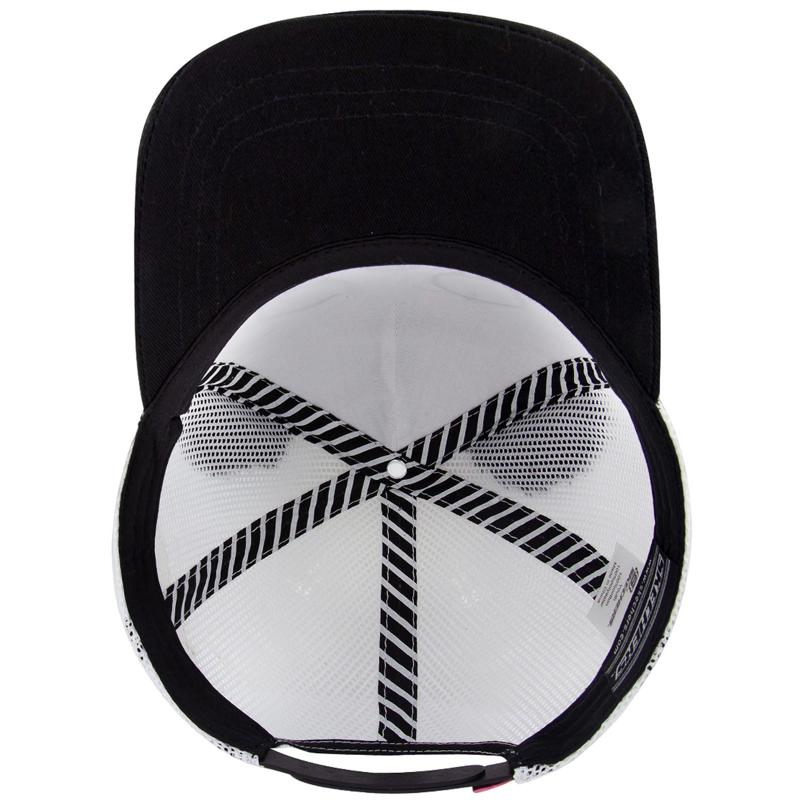 A black cap is positioned upside down showing its inner lining and logo The inner surface features a mesh pattern with black and white stripes crossing diagonally