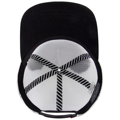 A black cap is positioned upside down showing its inner lining and logo The inner surface features a mesh pattern with black and white stripes crossing diagonally