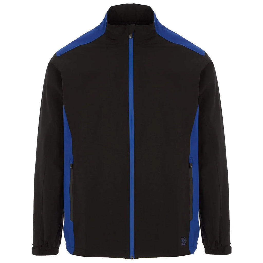 A black jacket with blue accents is displayed frontally the jacket features a zippered front and side pockets situated within a plain white background.