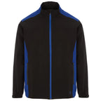 A black jacket with blue accents is displayed frontally the jacket features a zippered front and side pockets situated within a plain white background.