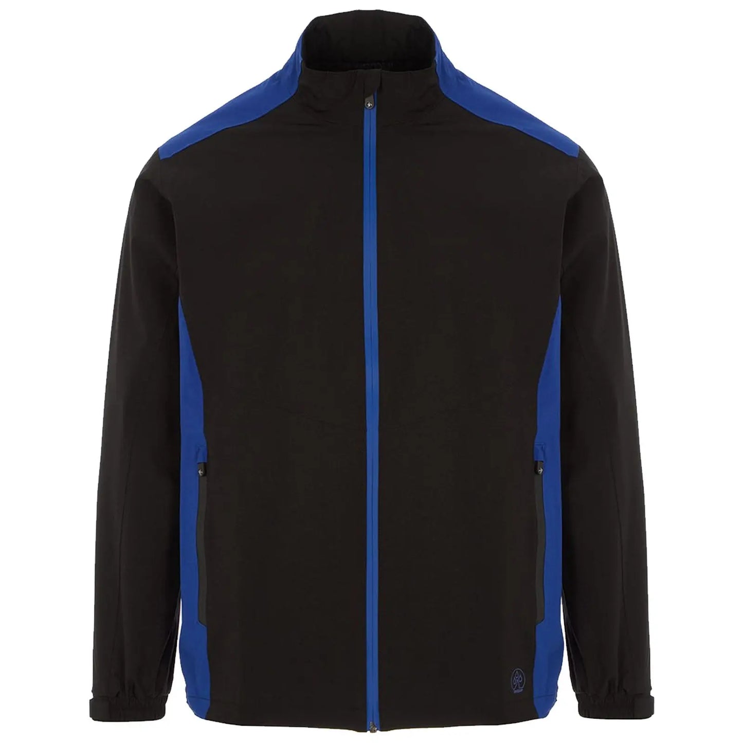 A black jacket with blue accents is displayed frontally the jacket features a zippered front and side pockets situated within a plain white background.