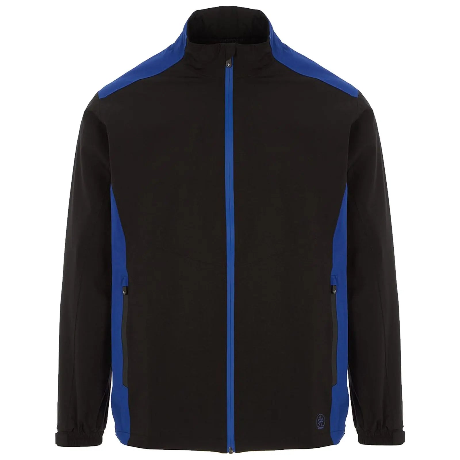 A black jacket with blue accents is displayed frontally the jacket features a zippered front and side pockets situated within a plain white background.