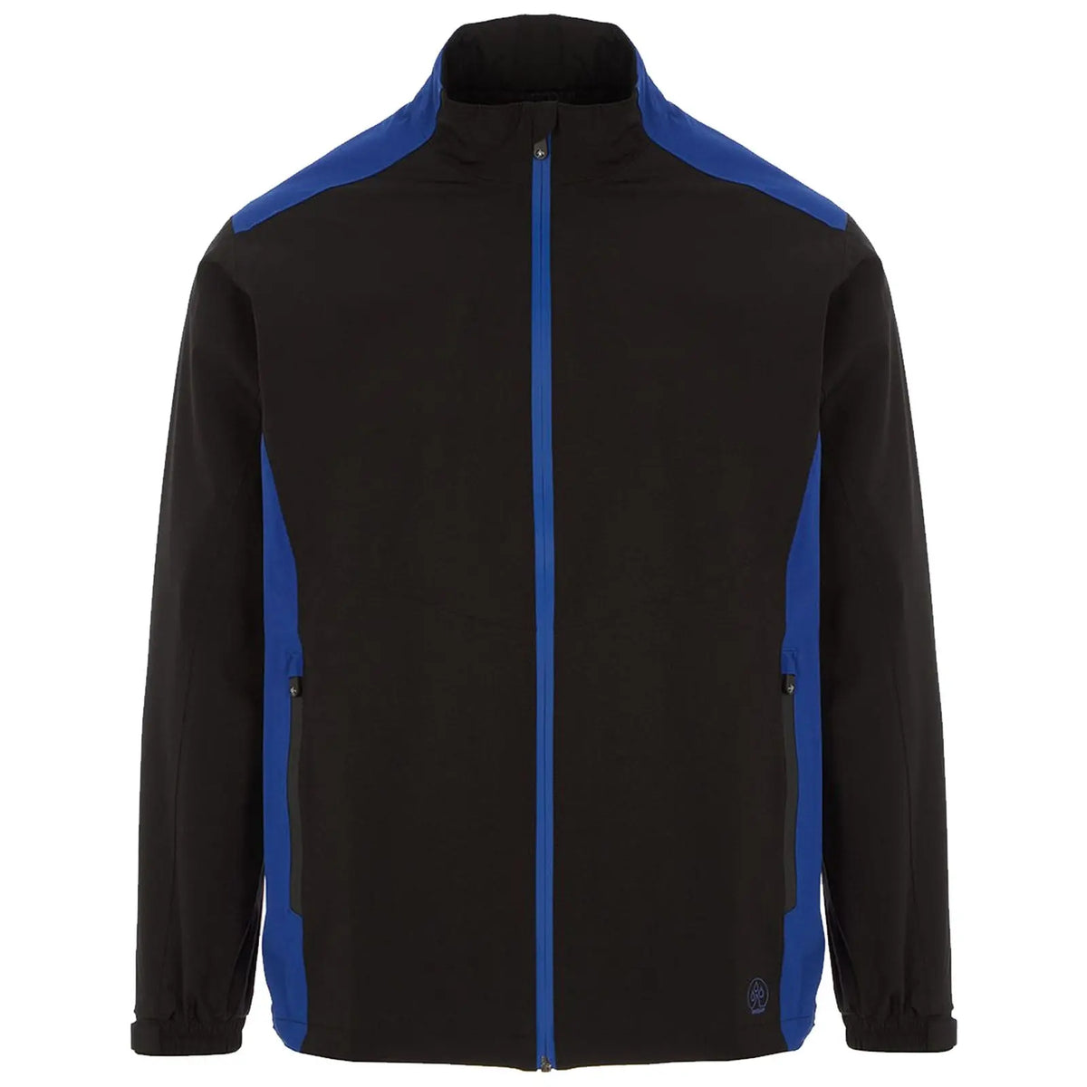 A black jacket with blue accents is displayed frontally the jacket features a zippered front and side pockets situated within a plain white background.