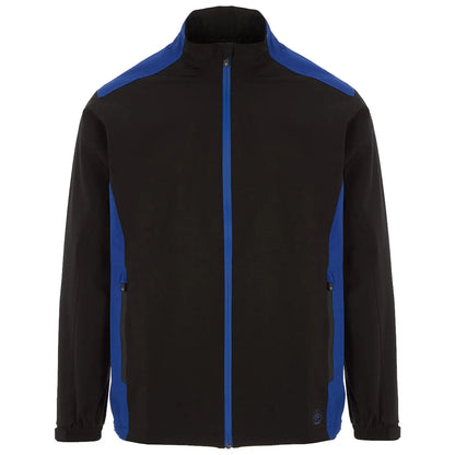 A black jacket with blue accents is displayed frontally the jacket features a zippered front and side pockets situated within a plain white background.