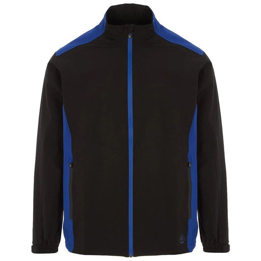 A black jacket with blue accents is displayed frontally the jacket features a zippered front and side pockets situated within a plain white background.