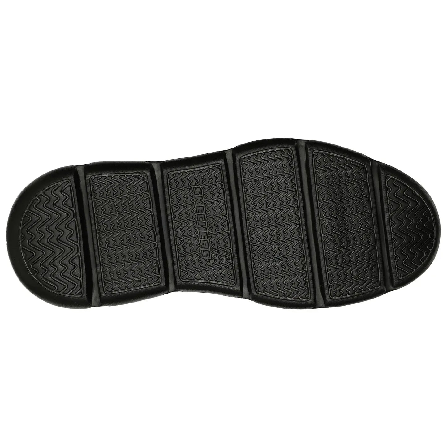A black shoe sole displays a textured pattern with zigzag grooves and sections. The object is positioned flat and emphasizes durability and grip, typical for athletic footwear.