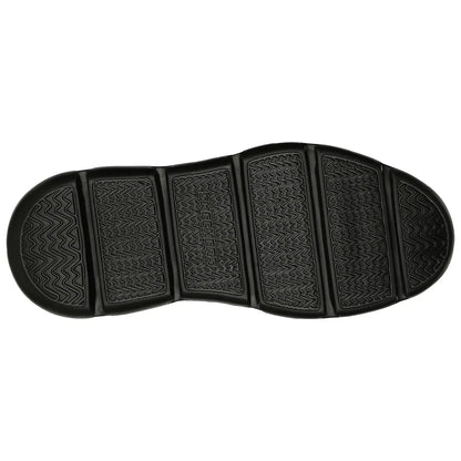 A black shoe sole displays a textured pattern with zigzag grooves and sections. The object is positioned flat and emphasizes durability and grip, typical for athletic footwear.