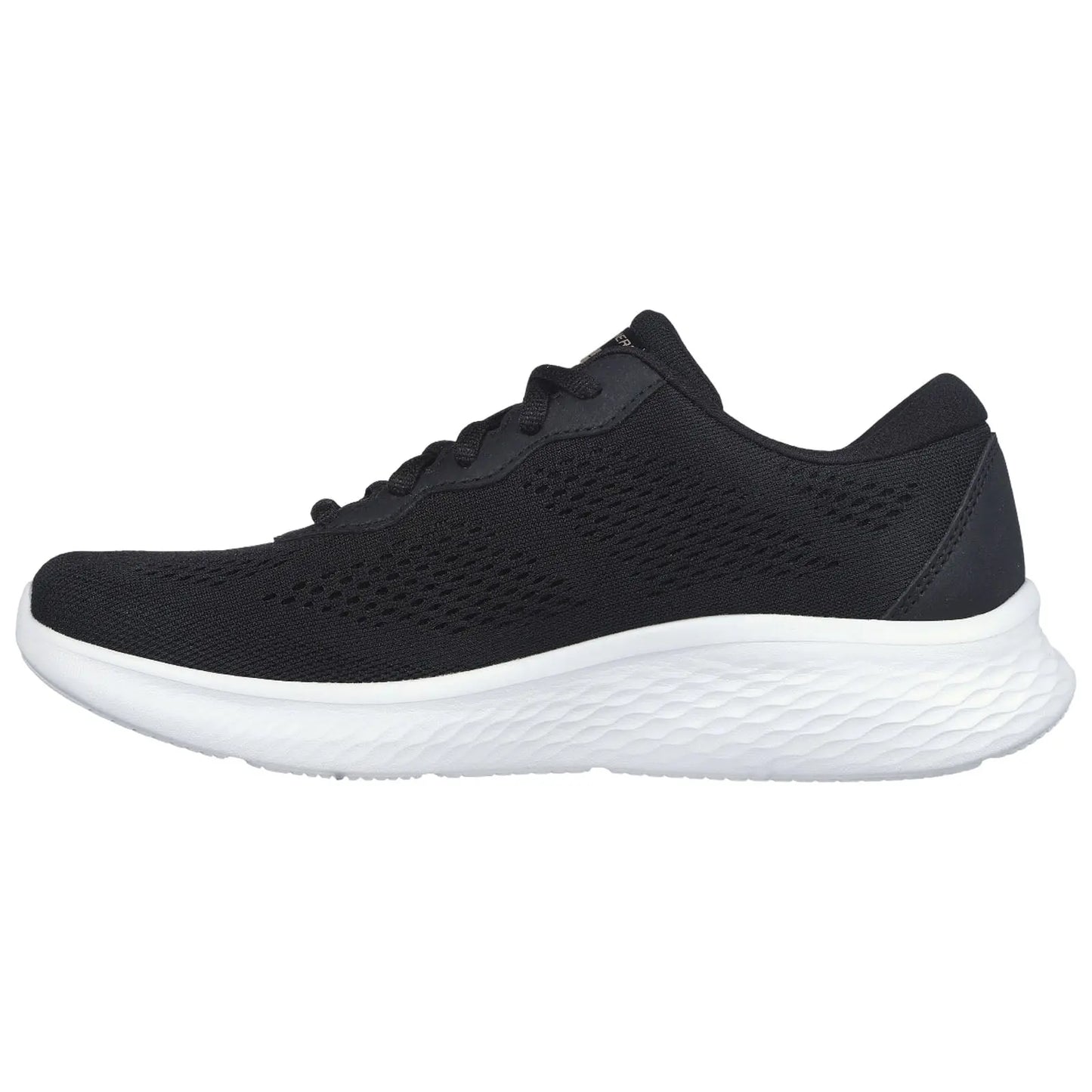 A black athletic shoe features a breathable mesh upper and a cushioned white sole providing comfort and support suitable for running or casual wear displayed against a plain background.
