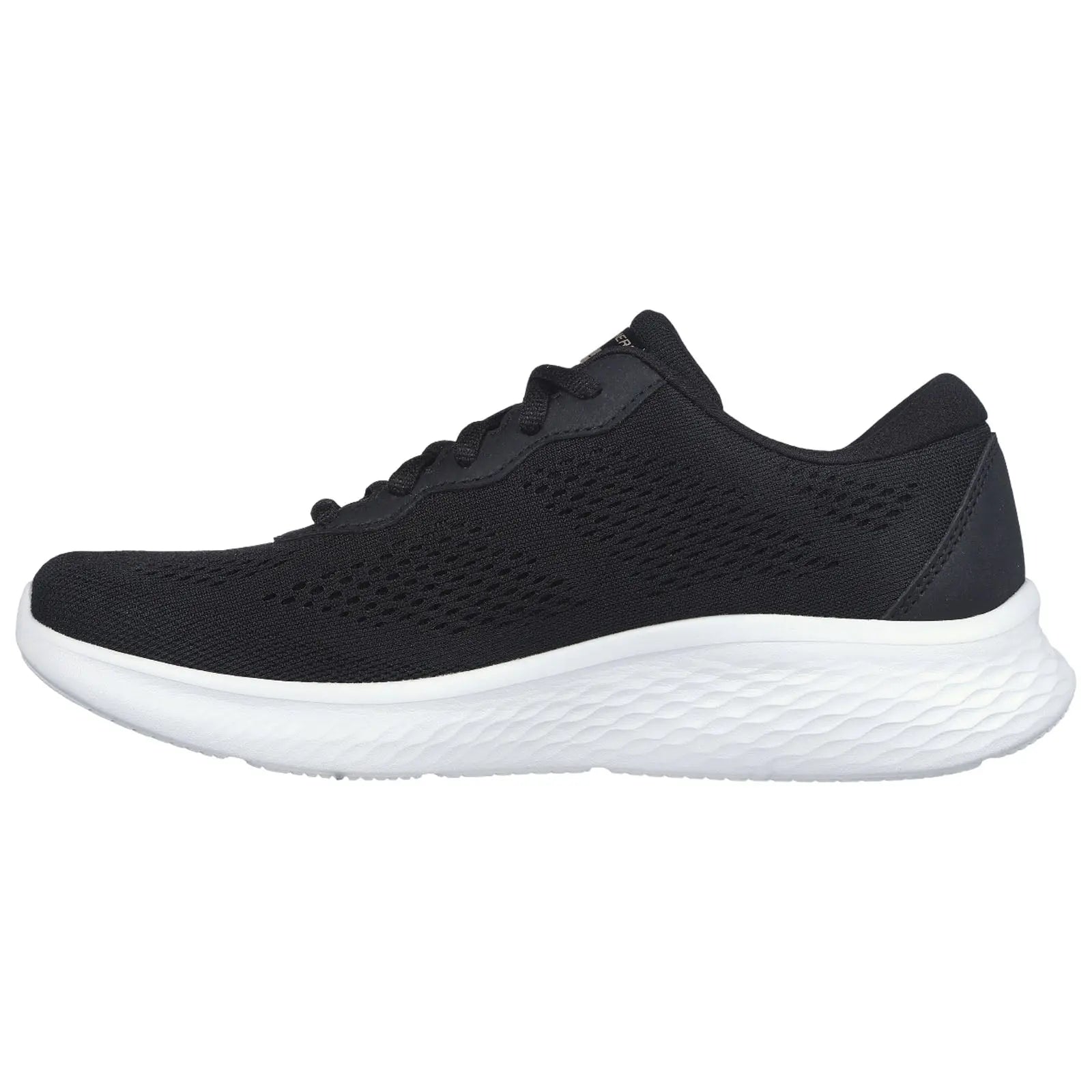 A black athletic shoe features a breathable mesh upper and a cushioned white sole providing comfort and support suitable for running or casual wear displayed against a plain background.