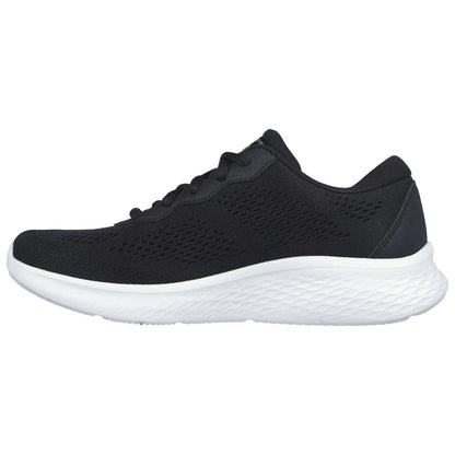 A black athletic shoe features a breathable mesh upper and a cushioned white sole providing comfort and support suitable for running or casual wear displayed against a plain background.