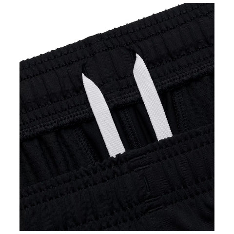 A section of black shorts features a waistband with a white drawstring emerging from two loops the fabric is smooth with visible stitching and elastic bands creating a snug fit.