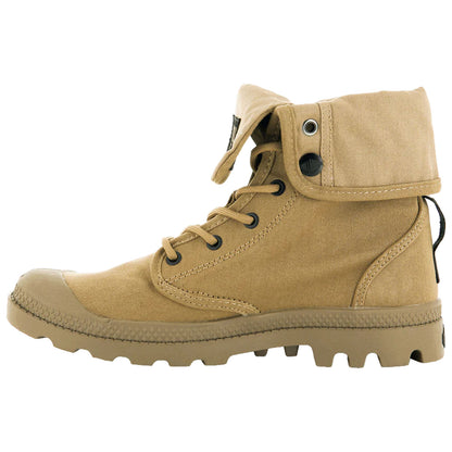 A tan boot with a folded-over upper features laces and eyelets for secure fastening. The sole has deep treads for traction, suitable for outdoor activities or rugged terrain.