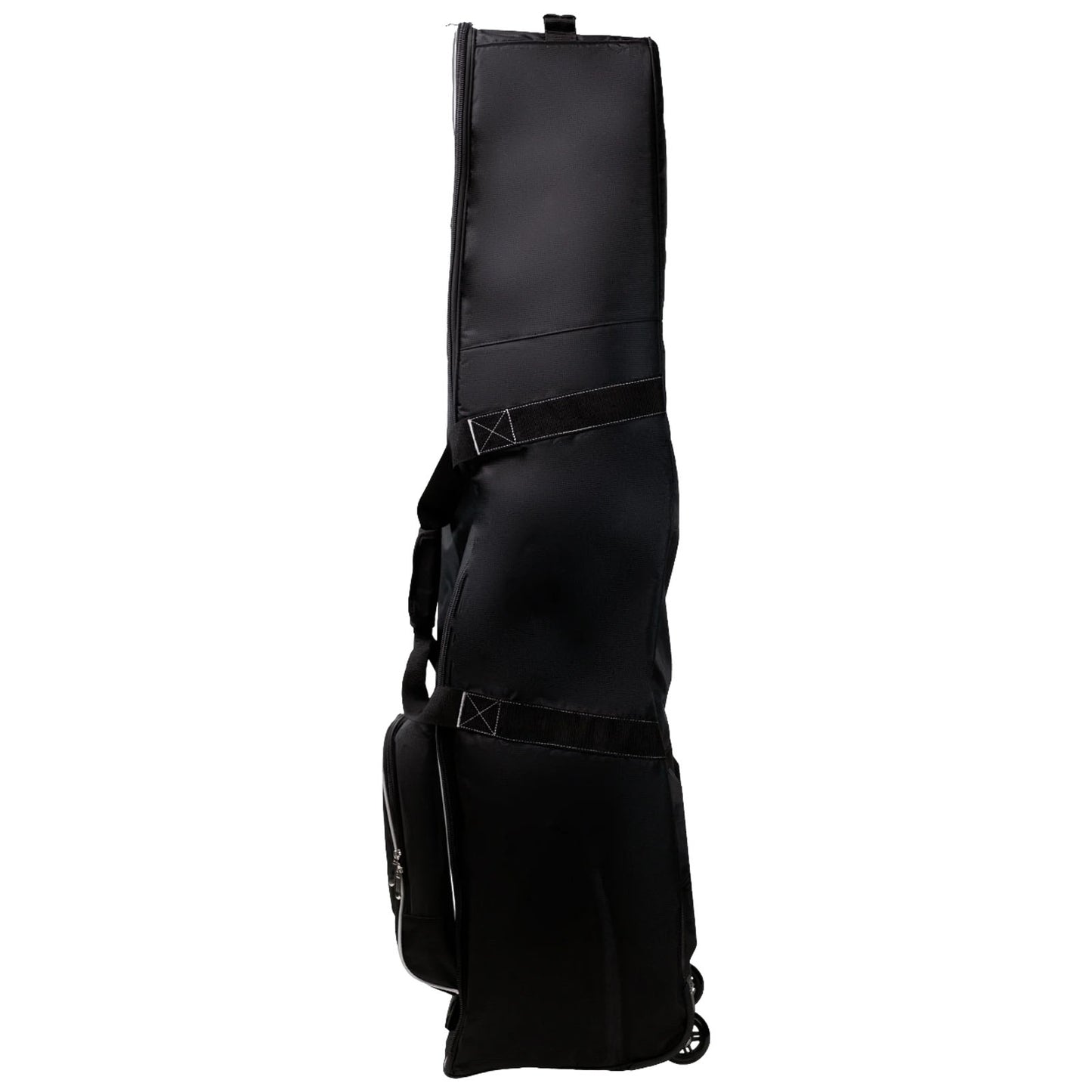 A tall black travel bag stands upright featuring wheels for mobility and multiple compartments for storage providing a practical design for transporting equipment in various settings.