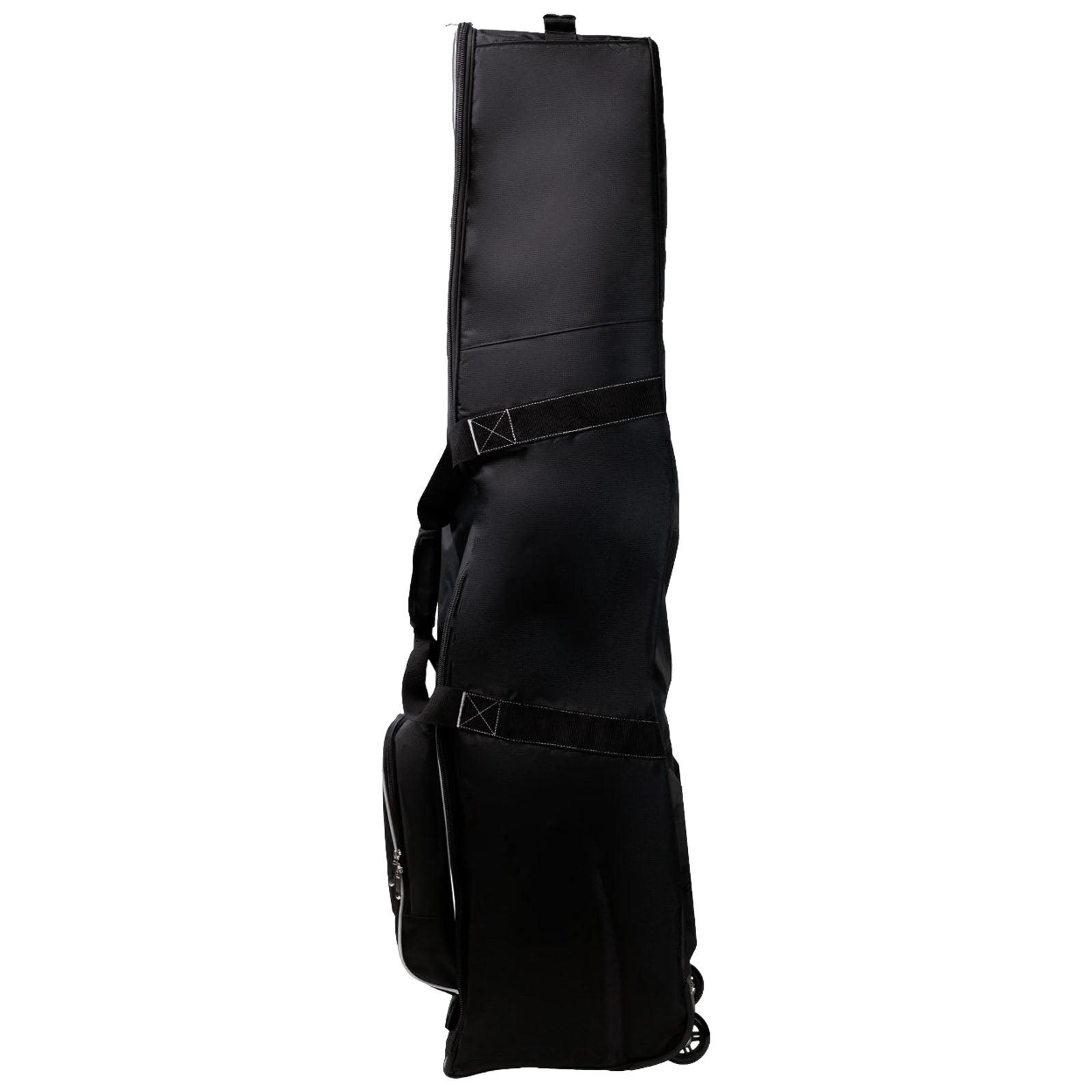 A tall black travel bag stands upright featuring wheels for mobility and multiple compartments for storage providing a practical design for transporting equipment in various settings.