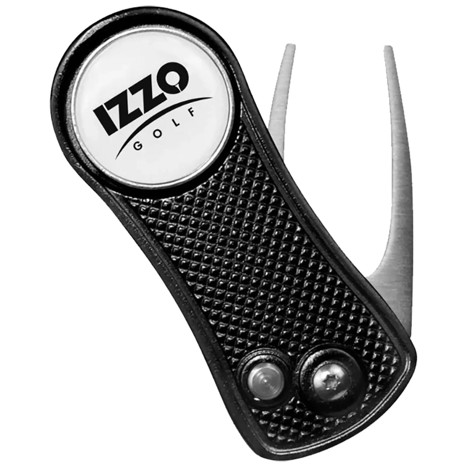 A black golf tee tool features a pin for repairing greens and a marker on top labeled IZZO GOLF set against a textured background. The setting suggests a golfing environment.