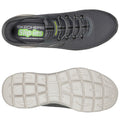 A gray Skechers slip-on shoe is displayed from top and bottom views showcasing its textured upper design and white rubber sole with grip patterns highlighting its casual and comfortable style.