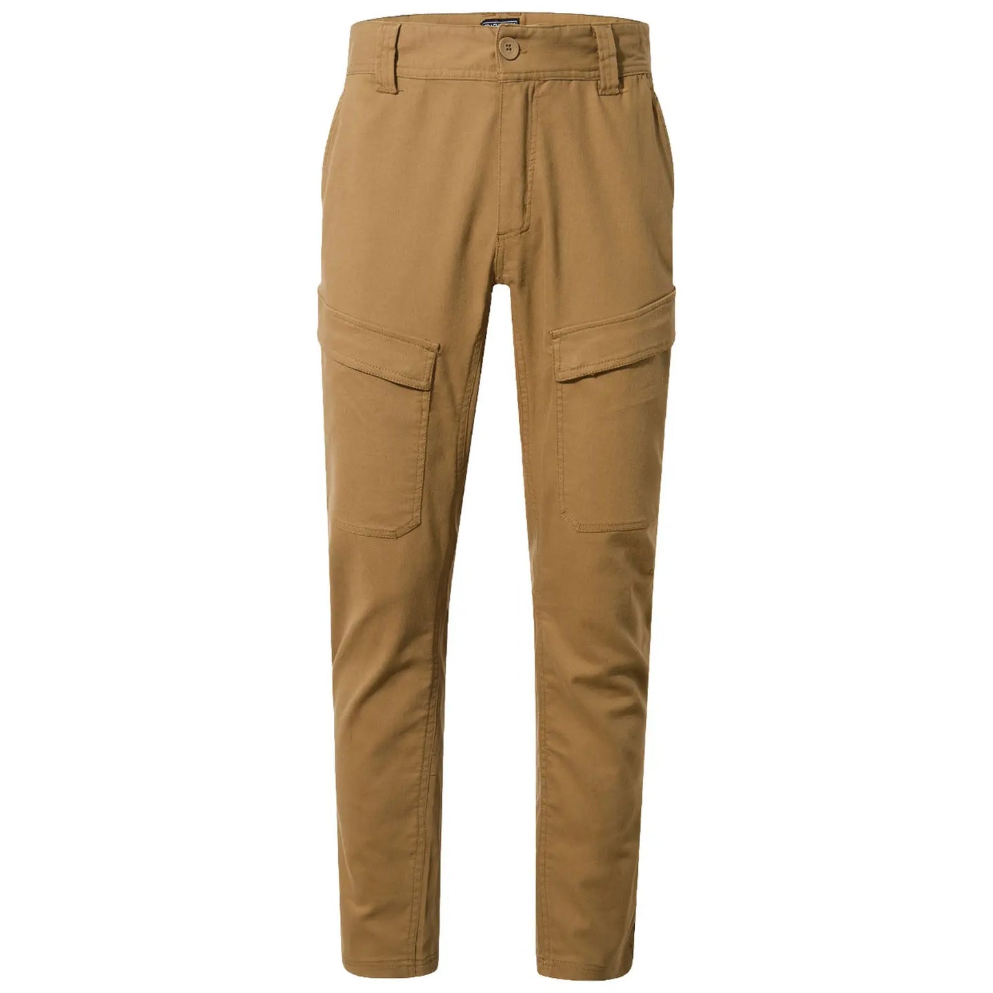 Tan cargo pants with a slim fit feature two large side pockets on each thigh showcasing utility style in a neutral color suitable for casual or outdoor environments.