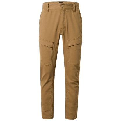 Tan cargo pants with a slim fit feature two large side pockets on each thigh showcasing utility style in a neutral color suitable for casual or outdoor environments.