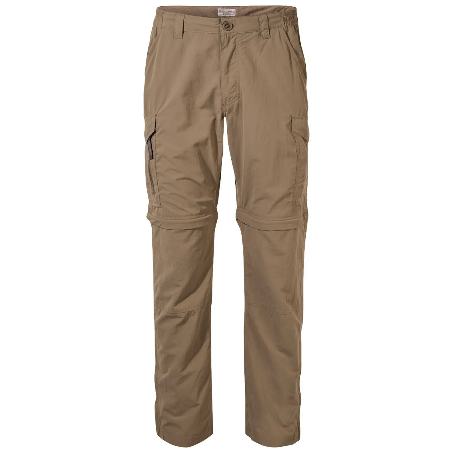 Cargo pants are displayed upright featuring a beige color with multiple pockets and zippered sections suitable for outdoor activities. The fabric appears lightweight and durable for versatile use.