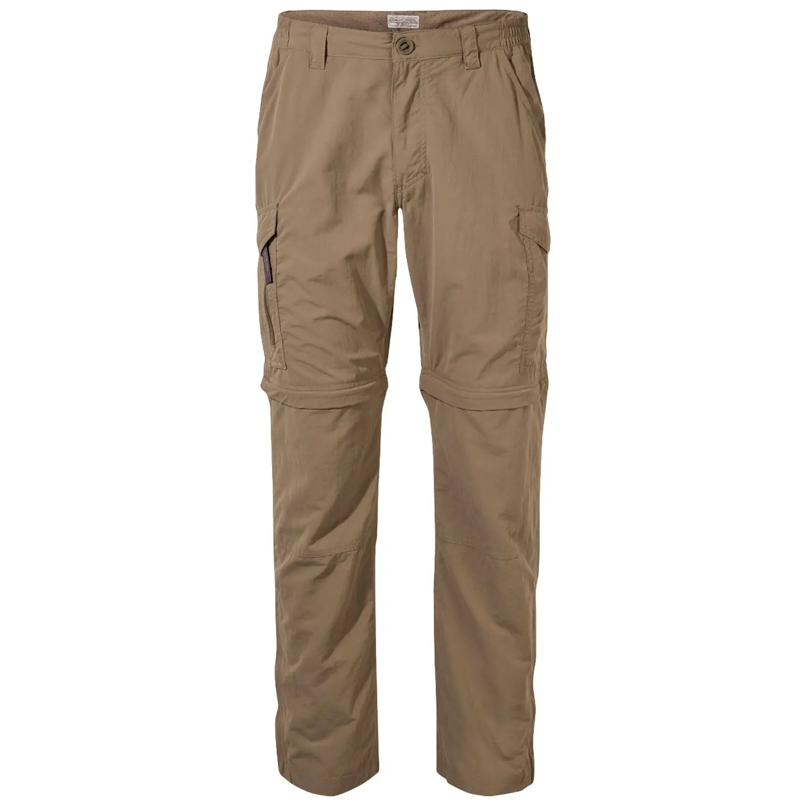 Cargo pants are displayed upright featuring a beige color with multiple pockets and zippered sections suitable for outdoor activities. The fabric appears lightweight and durable for versatile use.