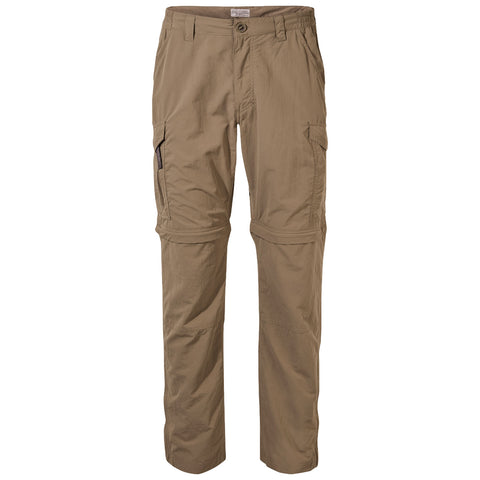 Cargo pants are displayed upright featuring a beige color with multiple pockets and zippered sections suitable for outdoor activities. The fabric appears lightweight and durable for versatile use.