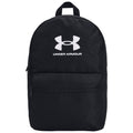 A black backpack with a rounded top carries a white Under Armour logo on its front and features a large zippered compartment and a smaller front pocket situated in a plain background.