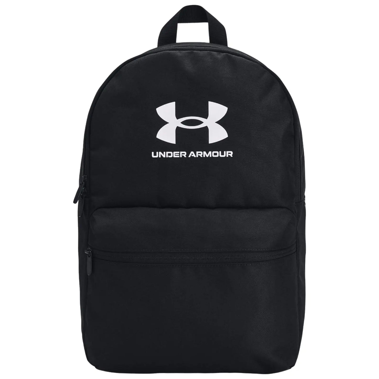 A black backpack with a rounded top carries a white Under Armour logo on its front and features a large zippered compartment and a smaller front pocket situated in a plain background.