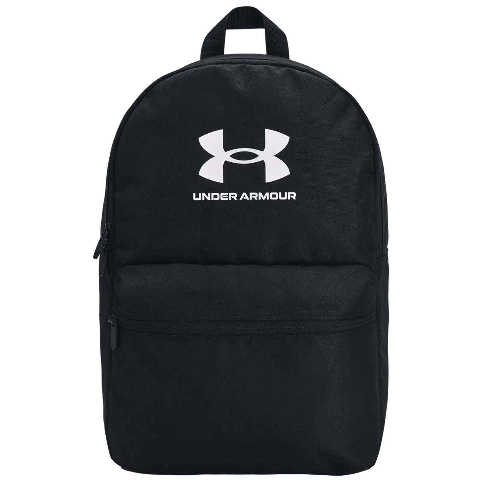 A black backpack with a rounded top carries a white Under Armour logo on its front and features a large zippered compartment and a smaller front pocket situated in a plain background.