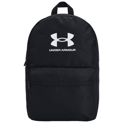 A black backpack with a rounded top carries a white Under Armour logo on its front and features a large zippered compartment and a smaller front pocket situated in a plain background.