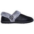 A black slipper with a grey fur collar and a decorative button is positioned sideways showcasing its soft exterior and textured sole in a simple, uncluttered background.