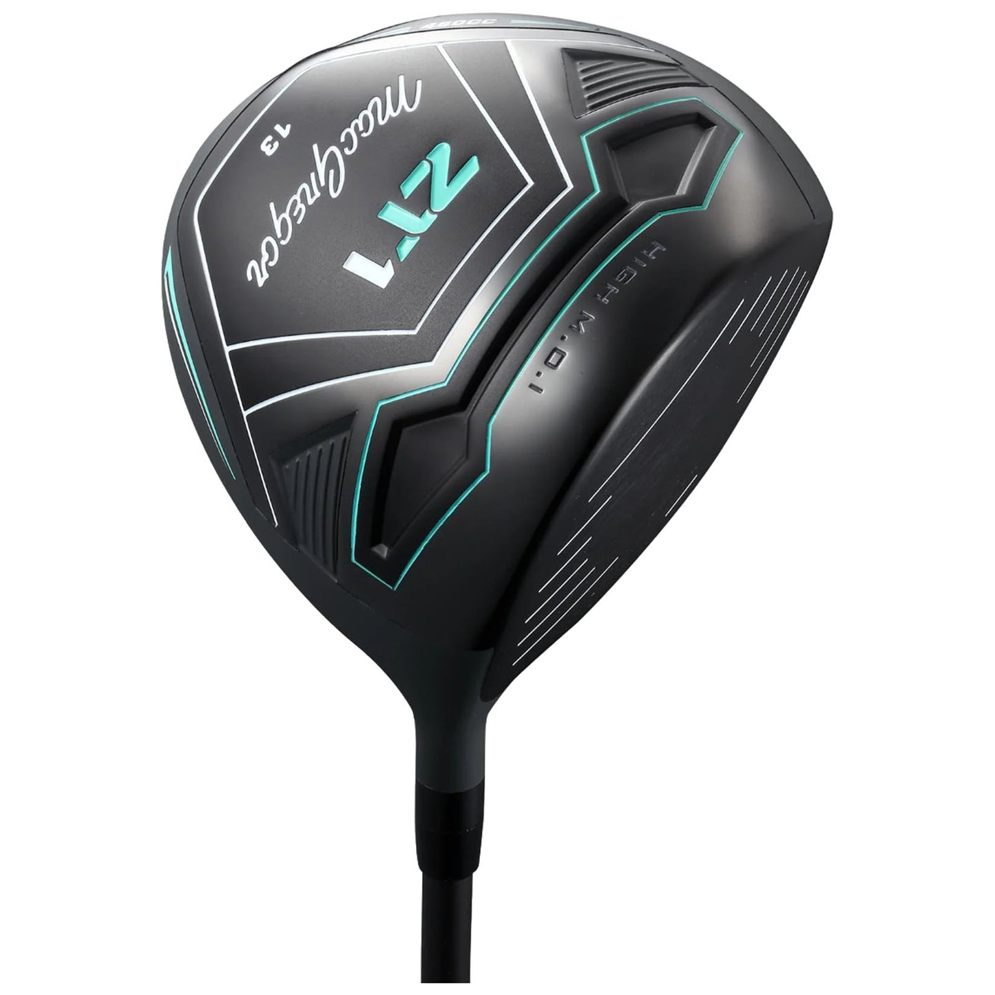 A black and silver golf driver with a sleek design is positioned upright showing its angled clubface and shaft it is designed for hitting golf balls on a course.