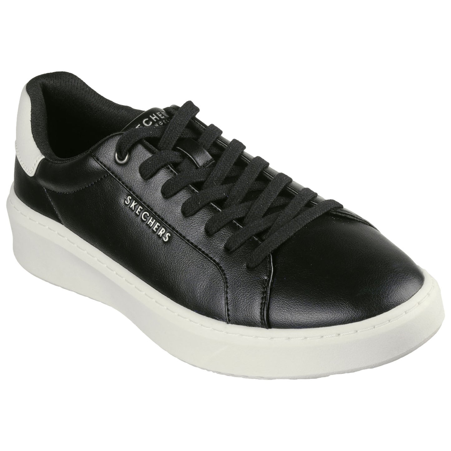 A black leather sneaker with a white sole features laces and the brand name Skechers displayed prominently on the side. It is positioned against a plain background.