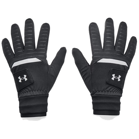 Black gloves with a textured grip are displayed flat with fingers spread apart showing stitching patterns and a branding patch on the wrist area suitable for outdoor activities in cold weather