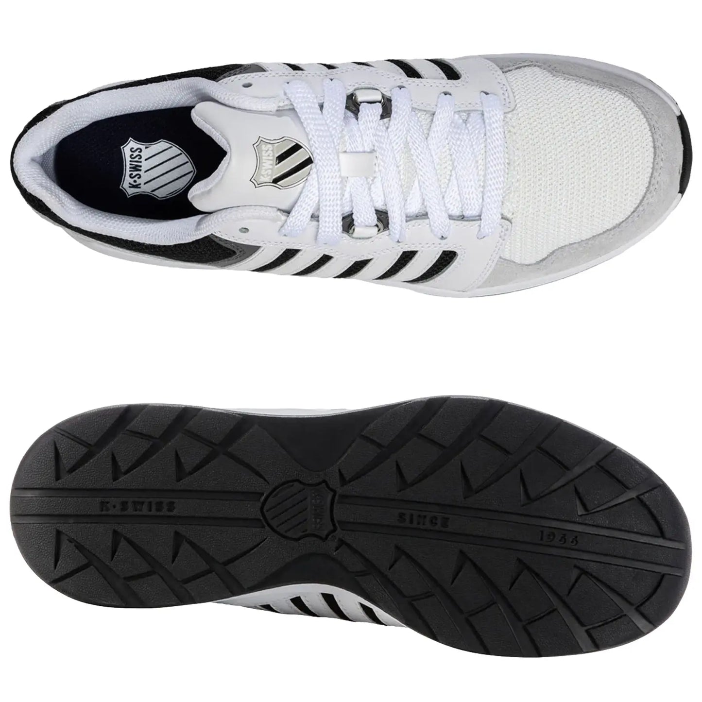 Sneakers are presented from a top view showcasing a white mesh and leather design with black accents. They are placed against a neutral background, highlighting their sporty and casual style.