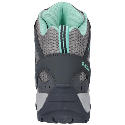 A gray and teal hiking boot stands upright showcasing its textured mesh and padded collar designed for comfort and support in outdoor activities and rugged terrain.