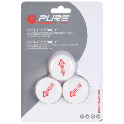 Three white golf putting trainers are displayed in a plastic package with the text PUTT-IT-STRAIGHT indicating their purpose for improving putting skills in varying degrees of difficulty.