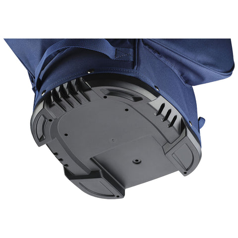 A blue fabric object with a sturdy black plastic base is positioned upside down showcasing its underside which features various slots and a flat surface meant for stability and support.