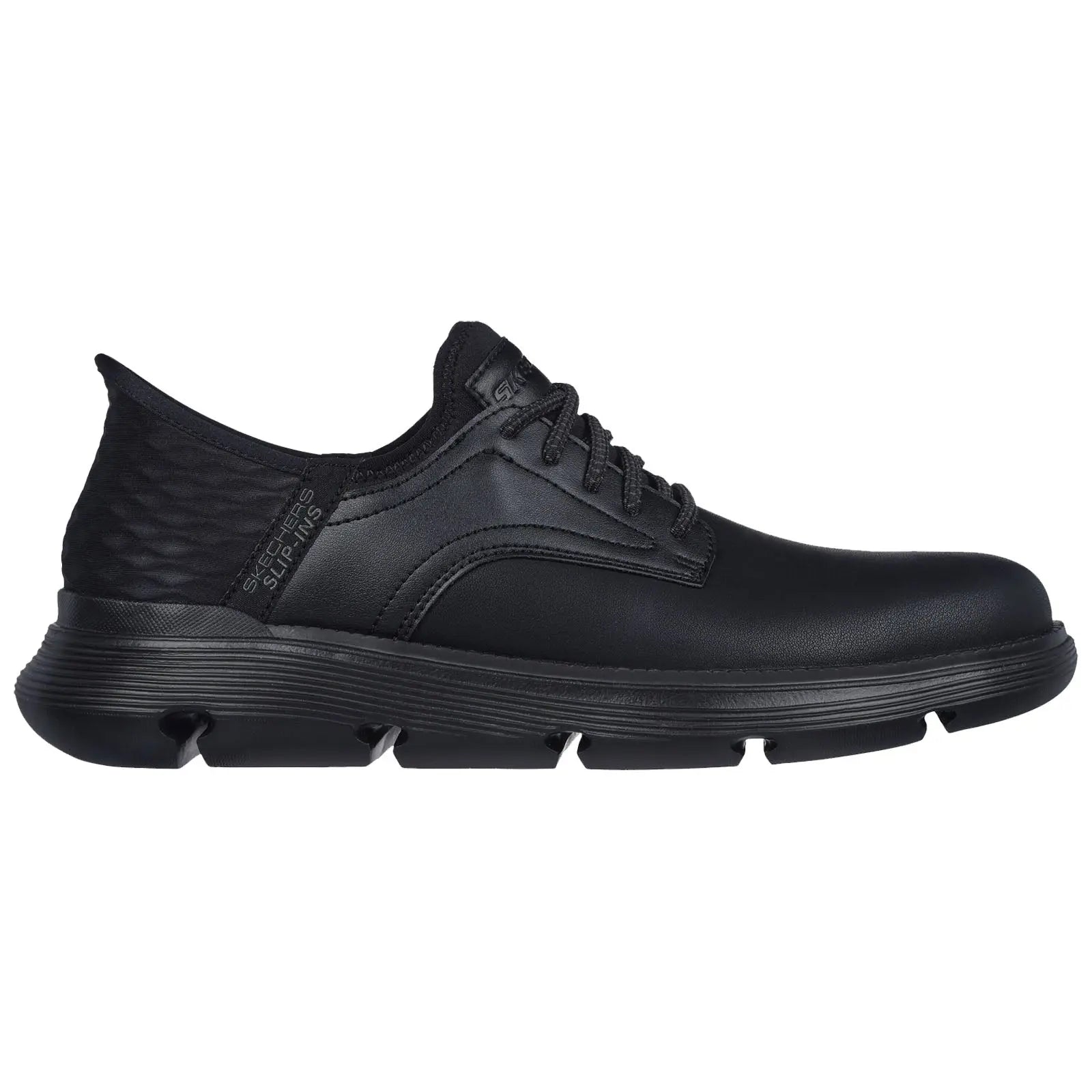 A black athletic shoe rests on a plain white background showcasing a sleek leather upper cushioning sole and lace-up design suitable for casual or active wear.