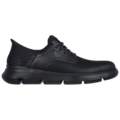 A black athletic shoe rests on a plain white background showcasing a sleek leather upper cushioning sole and lace-up design suitable for casual or active wear.