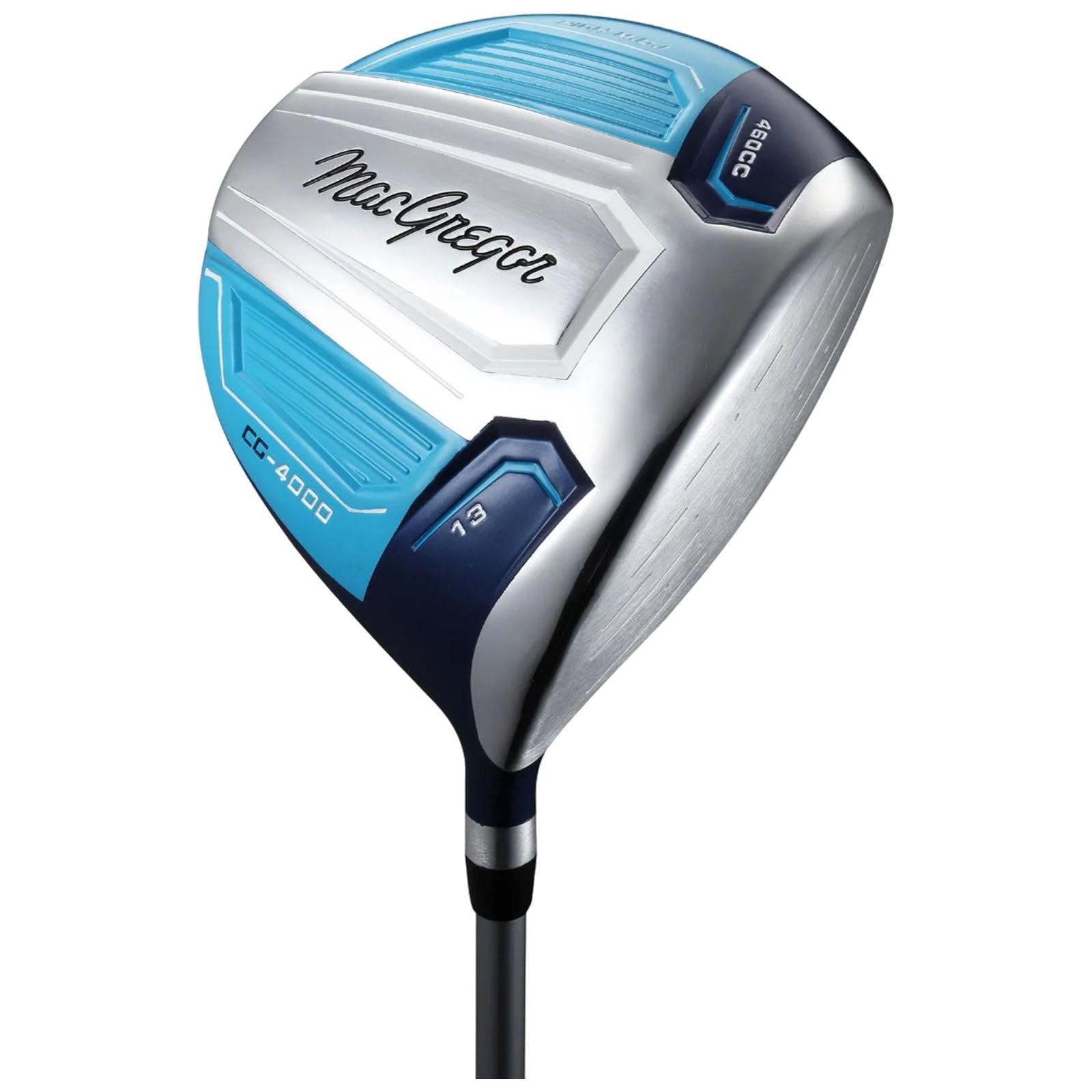 A golf driver is prominently displayed with a shiny silver head and blue accents the club is designed for hitting golf balls with power and precision typically used on a golf course.