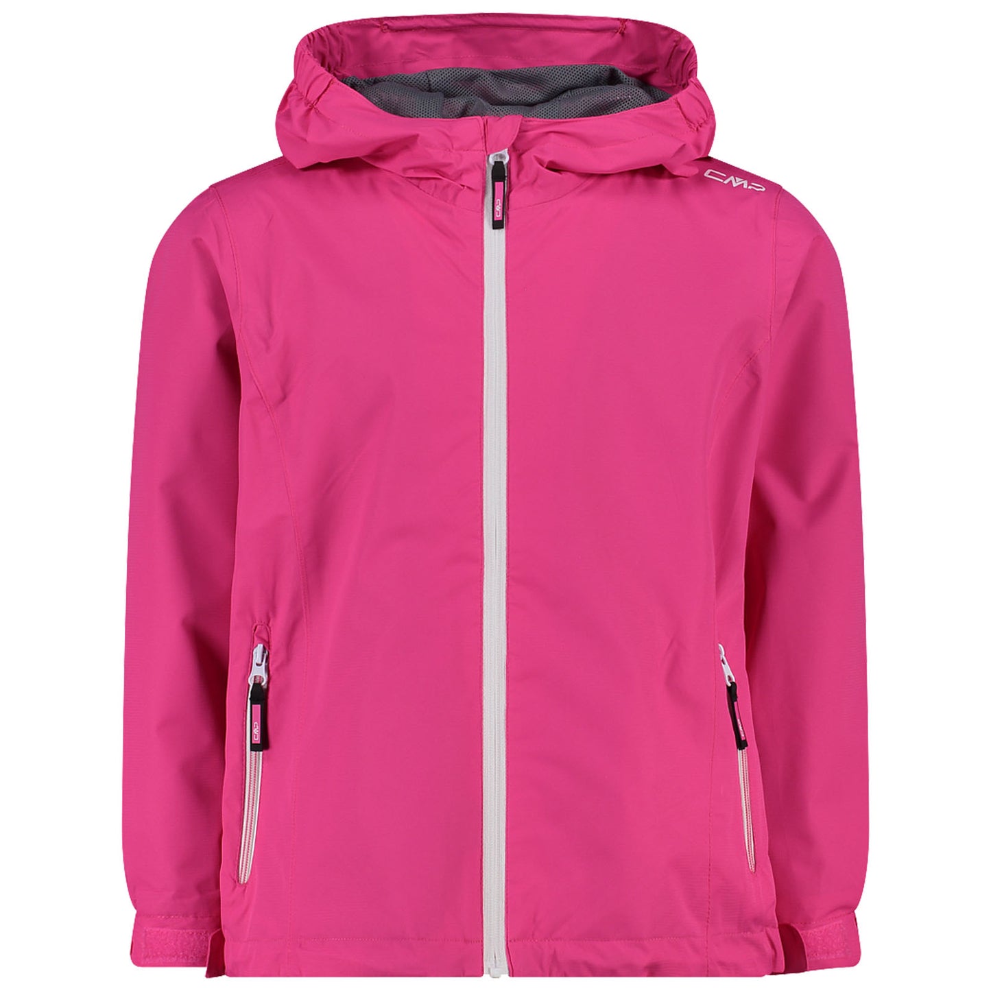 A bright pink jacket with a hood is displayed hanging. It features a front zipper and two side pockets, set against a neutral background.