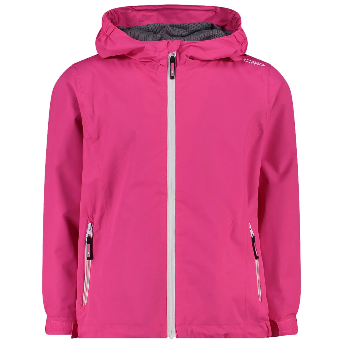 A bright pink jacket with a hood is displayed hanging. It features a front zipper and two side pockets, set against a neutral background.