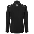 A black long-sleeved jacket is displayed with a high collar and elastic cuffs. The jacket features white piping along the sides and a logo on the upper back.