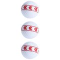 Three white golf balls are stacked vertically with a distinctive red arrow pattern around the center indicating movement or direction against a plain background.