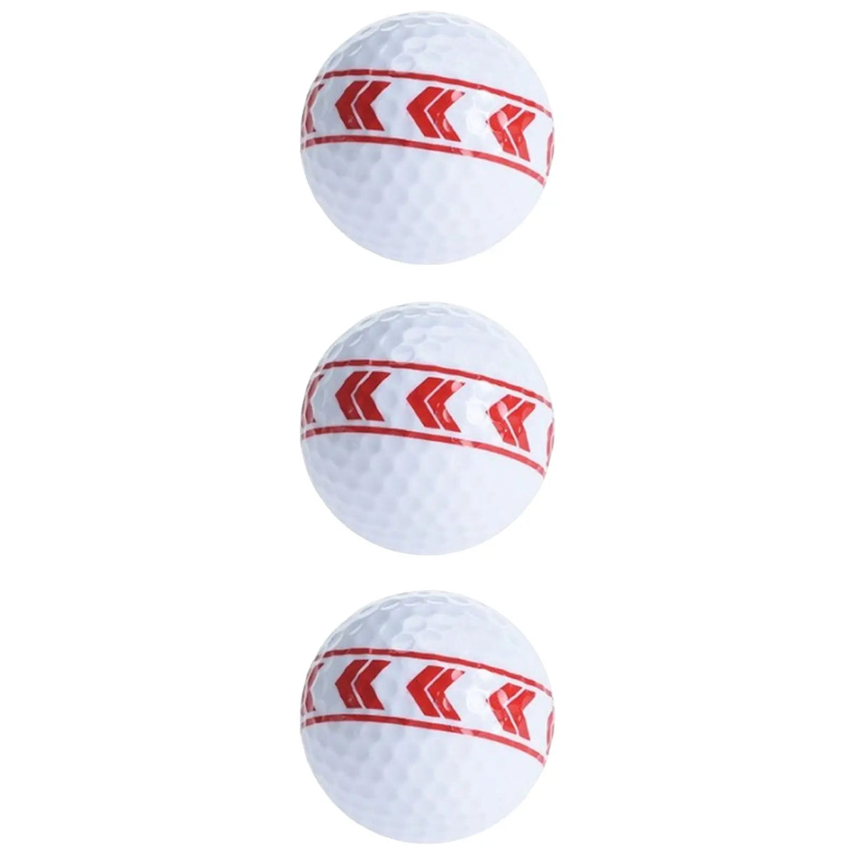 Three white golf balls are stacked vertically with a distinctive red arrow pattern around the center indicating movement or direction against a plain background.
