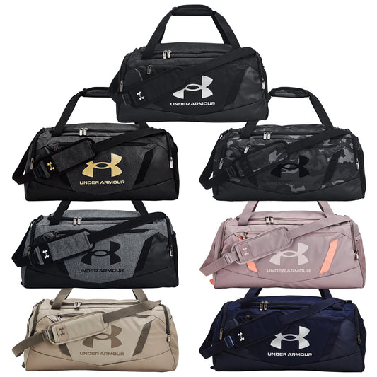 Eight duffle bags are displayed in various colors and designs featuring the Under Armour logo each bag is positioned in a way that showcases its shape and strap options.