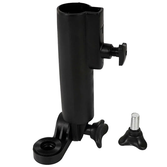 A black cylindrical mount with an adjustable clamp attaches to surfaces while a separate threaded bolt rests beside it for securing equipment in place, suitable for various outdoor activities.