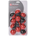 A pack of twelve golf balls is displayed with alternating red and black colors featuring a glossy finish arranged in a plastic shell ready for sale
